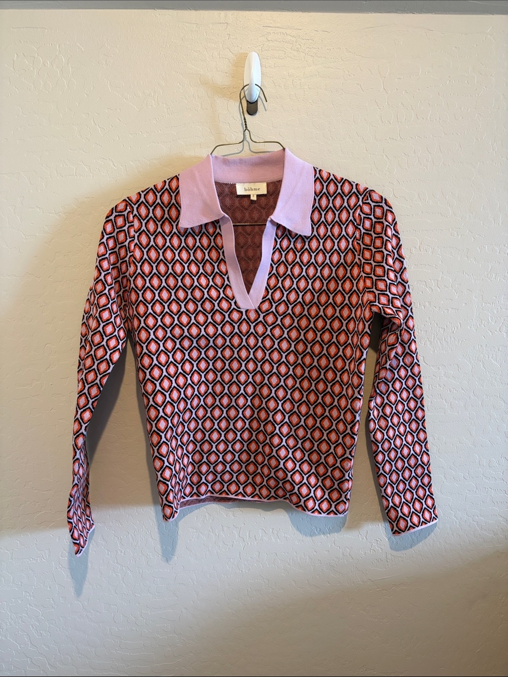 bohme Pink Geometric V-Neck Collared Sweater